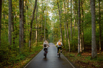 Obraz premium Two cyclists ride along a quiet, tree-lined road, surrounded by lush greenery and hints of fall colors. The tranquil atmosphere invites adventure in nature.