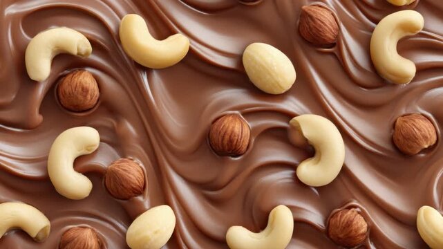 Smooth Chocolate Surface with Cashews and Almonds Accentuating Natural Indulgence in a Gourmet Dessert Setting 4k video footage