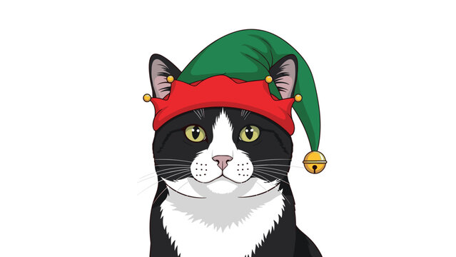Festive black and white cat wearing a green and red elf hat with a golden bell looks directly at the viewer.
