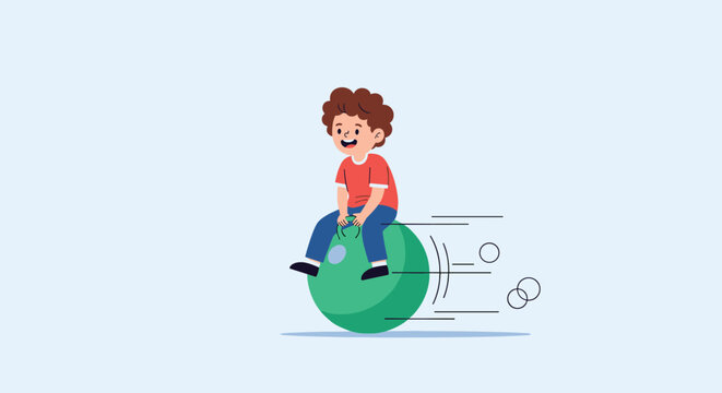 Happy little boy has a great time playing and bouncing around on a large green inflatable space hopper ball with motion lines.