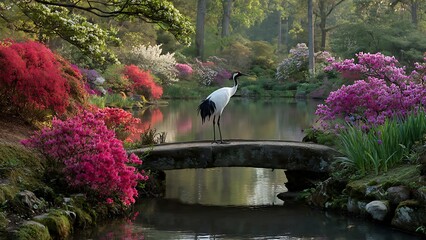 Tranquil Japanese Garden with Crane on Bridge Surrounded by Blossoms