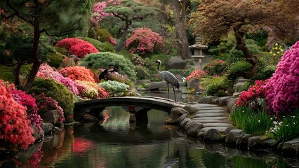 Serene Japanese Garden Landscape with Crane and Colorful Flowers