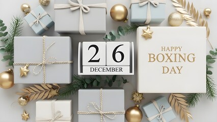 Happy Boxing Day with December 26 Calendar, Gift Boxes, and Golden Holiday Decorations