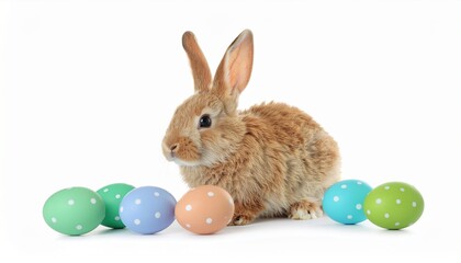 Cute bunny with polka dot colorful easter egg for spring and easter day on isolated white background