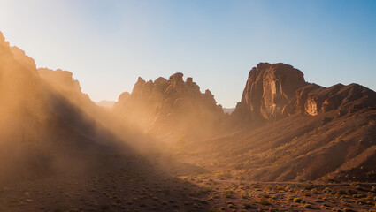 Dust rises in the valley as sunlight hits rocky formations in the desert during the late afternoon