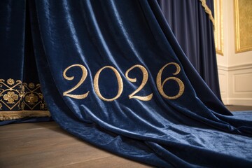 Deep Indigo Velvet Fabric With Gold Embroidered Numerals '' For Luxury Event Decorations