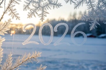 Delicate frost patterns forming the year on a winter window pane with natural ice crystals