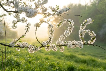 Delicate white blossoms form the year on intertwined branches during a misty spring morning.