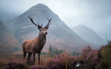 Majestic stag amidst misty Scottish highlands