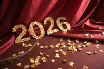 Elegant numbers adorned with shimmering gold leaf fragments on a luxurious red fabric background