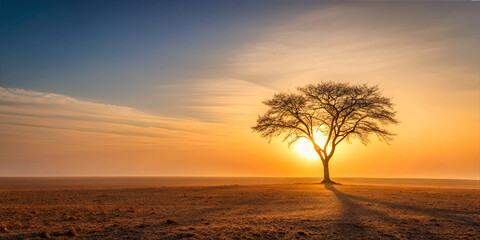 Sunset over a lonely tree in a vast landscape with orange and yellow sky near the horizon