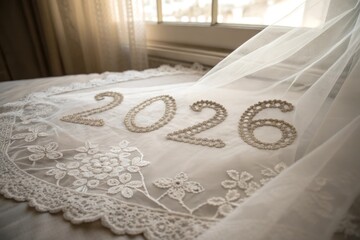 Elegant Wedding Veil Adorned with Intricate Lace Patterns and the Year
