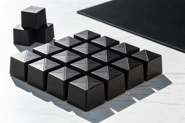 Geometric arrangement of matte black obsidian cubes in a clean studio setting