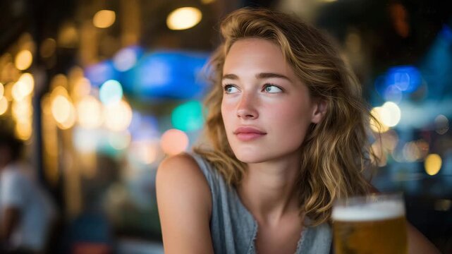 175Close-up of a blond woman sitting at a bar, soft focus on her thoughtful eyes, long hair catching ambient multicolored lights, glass of frothy beer in front, reflections adding dep