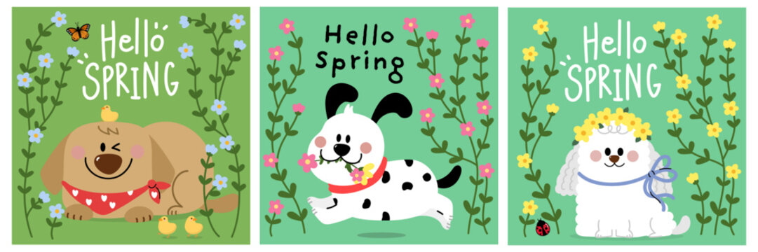 Hello spring greeting card with cute dachshund puppy, poodle, dog and flowers. Animal cartoon characters. -Vector