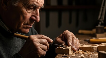 Experienced craftsman skillfully carving wood in workshop