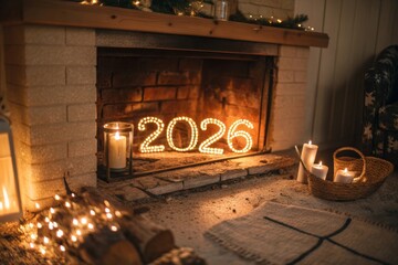Glowing Numbers Illuminating a Cozy Fireplace Hearth with Candles and Holiday Decor