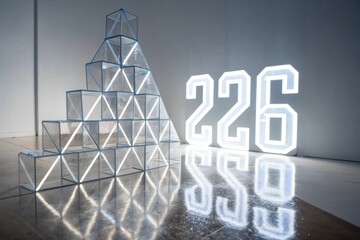 Illuminated Geometric Acrylic Prisms and Glowing Number Sculpture Displayed in a Modern Setting