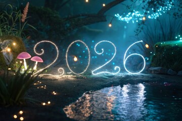 Illuminated '' numbers glowing with magical light in a dark, enchanted forest with a stream and whimsical mushrooms