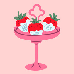 Flat style illustration of chocolate-dipped strawberries on a pink dessert stand, ideal for Valentine s Day cards, bakery branding, and sweet romantic designs.