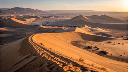 Sunset over desert sand dunes in a vast arid landscape with a river in the distance