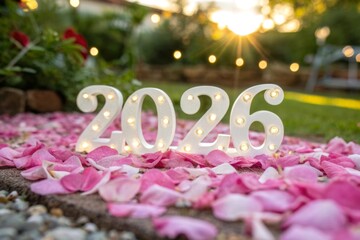 Illuminated Numbers Resting on Pink Flower Petals Outdoors With Warm Bokeh Lights