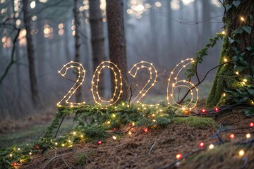 Illuminated Numbers Decorated with Fairy Lights in a Forest Setting