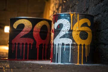 Metallic Paint Dripping With Bold Contrasting Colors Forms The Numbers On Barrels