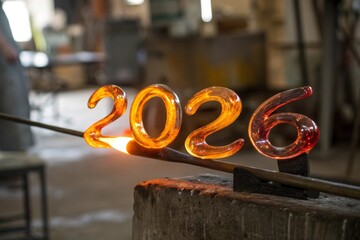 Molten glass numerals glowing hot from the furnace in a glassblowing workshop