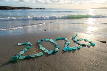 New Year elegantly formed with smooth sea-worn glass pieces on a sandy beach with gentle ocean waves