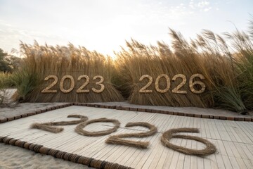 Numbers and emerge from tall reeds while is formed from rope on a textured surface, symbolizing time progression