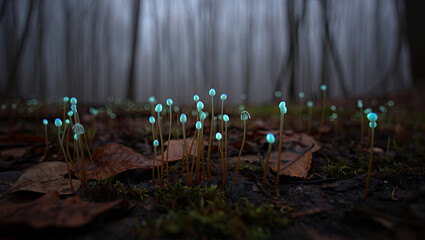 Small glowing mushrooms grow in a foggy forest during early morning hours in a quiet natural setting