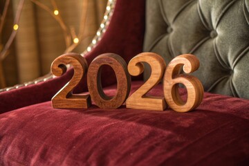 Polished Cherry Wood Numerals '' Resting on a Rich Red Fabric Surface with Subtle Bokeh Lights