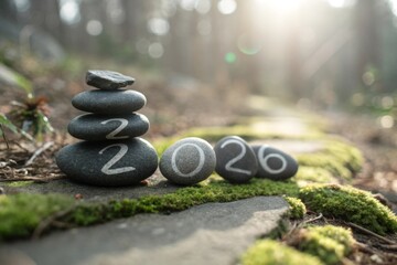 Stacked stones inscribed with , arranged on a mossy path in sunlight