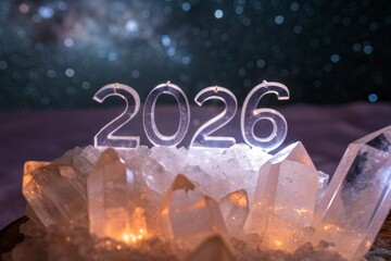 The year illuminated on a bed of translucent crystals under a starlit sky