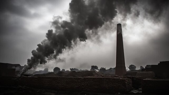 Smoke from brick kilns forming thick dark clouds pollution, traditional clay furnace industry emissions, toxic air contamination over rural landscape, fossil fuel burning impact, environmental health 