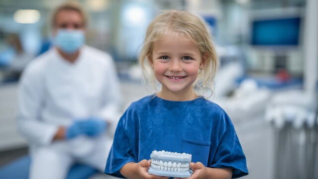 200Little girl with a bright smile holding a dental model or toy toothbrush, friendly pediatric dentist in the background, playful and educational clinic setting