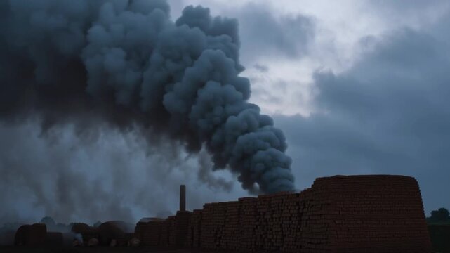 Brick kiln smoke pollution dark clouds environment crisis, thick toxic emissions rising from traditional clay kilns, severe air contamination, fossil fuel burning, climate change impact, atmospheric d