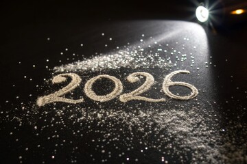 The year written in sparkling diamond dust on a dark, illuminated surface