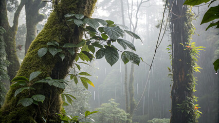 Steady rain falls in a dense forest with tall trees and green leaves in a cloudy atmosphere during early morning hours