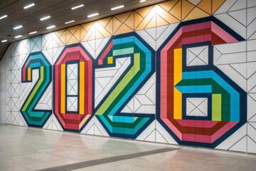 Vibrant Geometric Tessellations Form the Year Mural Displayed on an Architectural Wall Surface