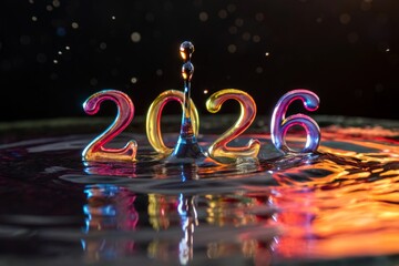 Vibrant liquid mercury numerals flowing and splashing in water with reflection