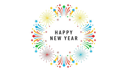 A colorful Happy New Year 2026 celebration graphic with fireworks and confetti on a white background, conveying a joyful mood with vibrant, festive elements.
