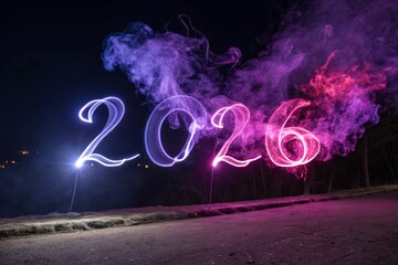 Vibrant Year Glowing with Colorful Smoke Light Trails in Night Sky