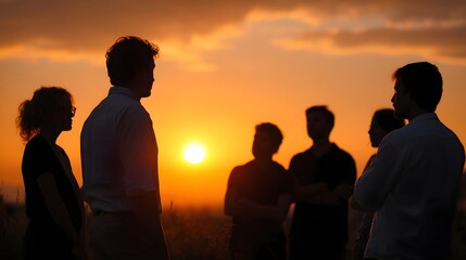 Fototapeta premium Professionals in silhouette gather for a discussion in a field as the sun sets casting a warm glow