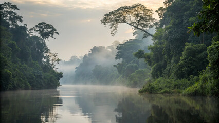 River flowing through dense forest at dawn with mist and trees reflecting in the water