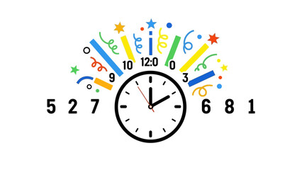 Illustration of a clock striking midnight surrounded by colorful party decorations and numbers on a white background, symbolizing happy new year 2026.