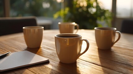 Four coffee mugs and a notebook on a wooden table during golden hour