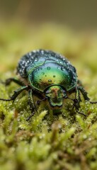 Naklejka premium Close-up view of a green beetle on wet moss during morning light in a forest setting