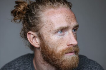 Obraz premium Striking Portrait of a Smith with a Top Knot, Showcasing His Freckles and Beard